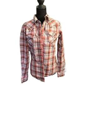 Cruel Girl Orange and Brown Plaid Western Pearl Snap Shirt